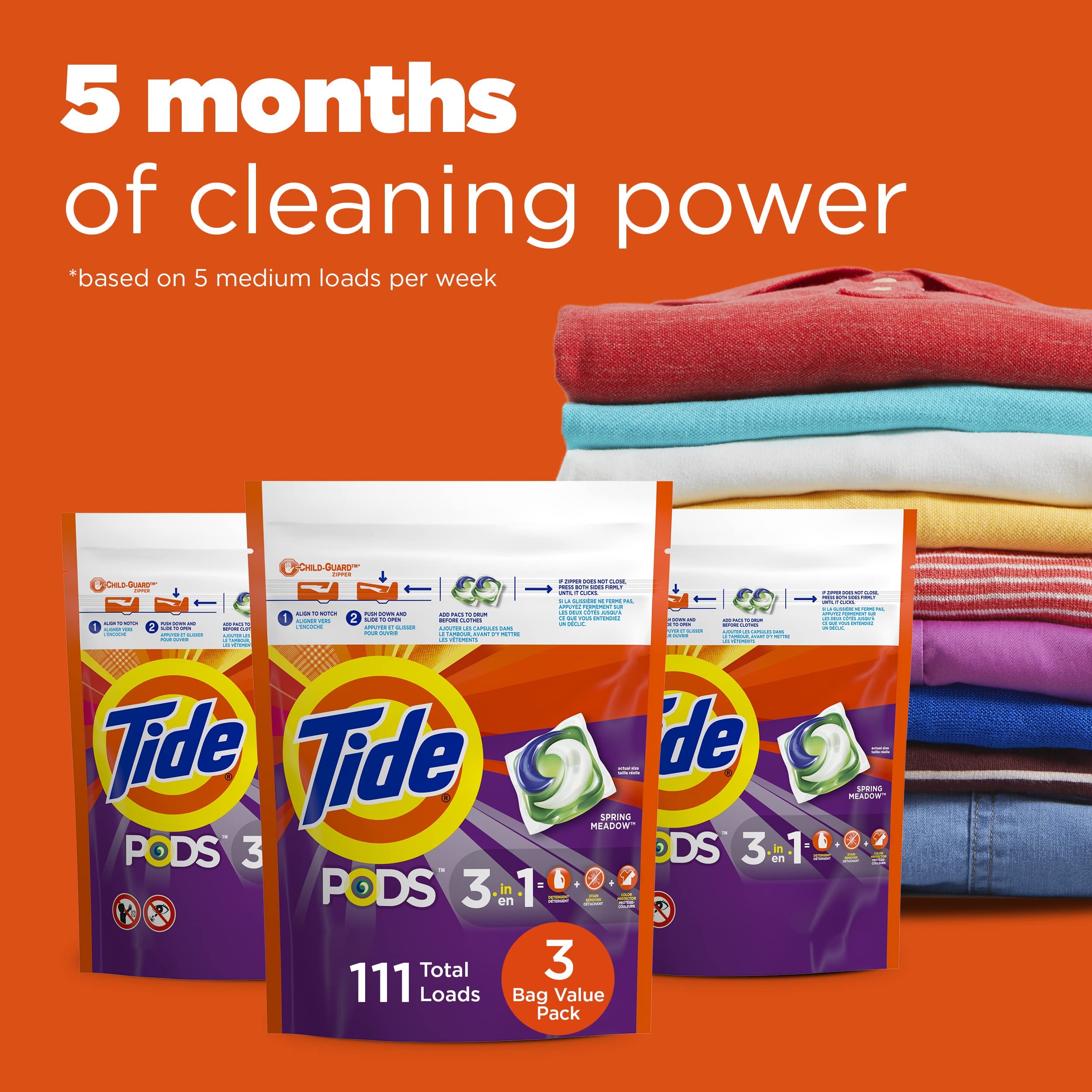 Tide PODS laundry detergent pacs, 3-in-1 Stain Remover, Odor Fighter, Color Protector, 112 Count, HE compatible, Spring Meadow Scent