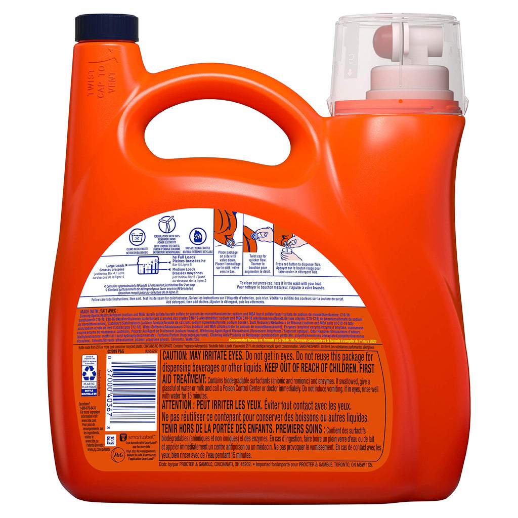 Tide Liquid Laundry Detergent, Original Scent, 125 fl oz, 100 Loads, Boosted Clean Even in Cold Water with Concentrated Washing Soap